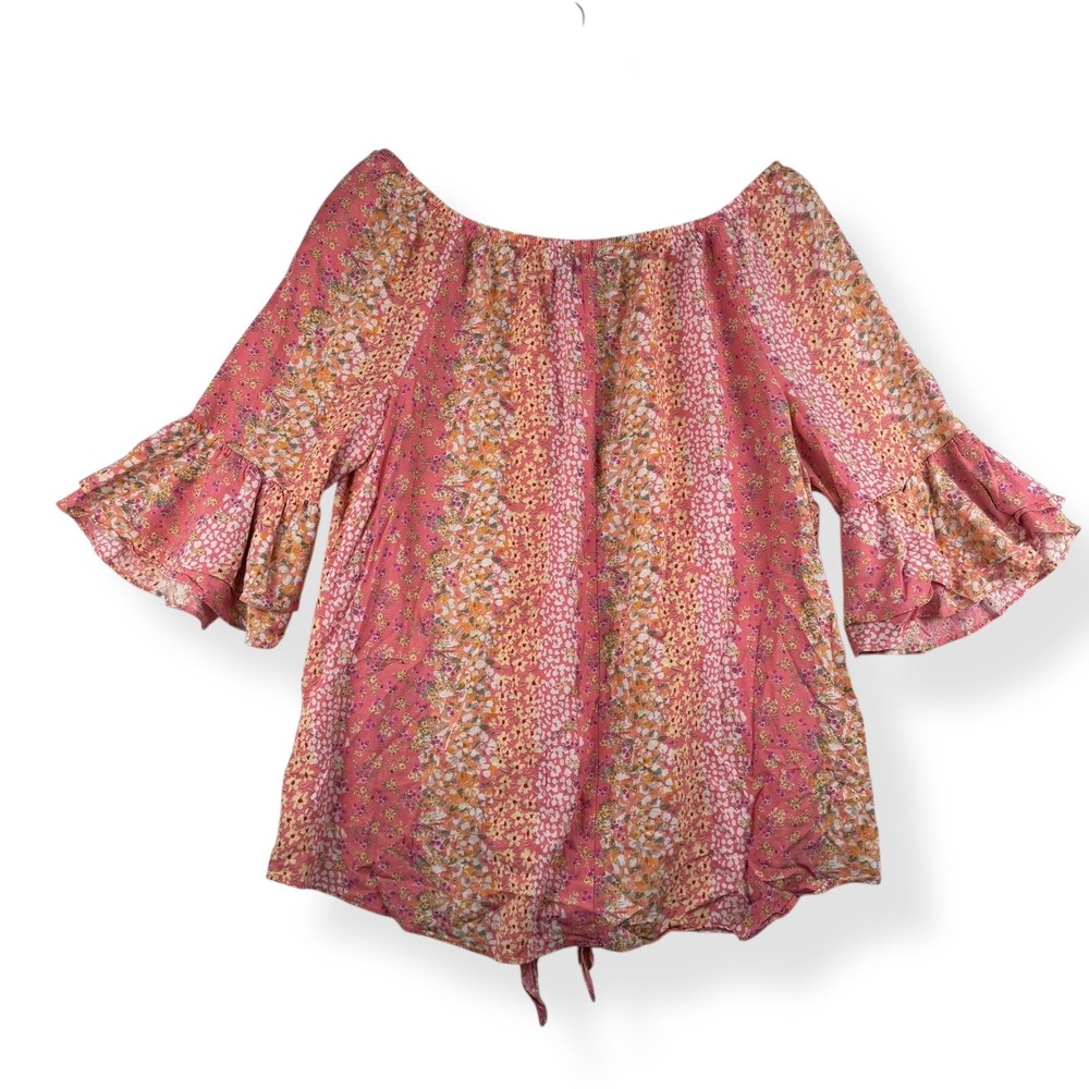 Womens Floral Linen Rayon Top Plus Size 1X Feminine Curvy Ruffle Cottagecore - Picture 2 of 10